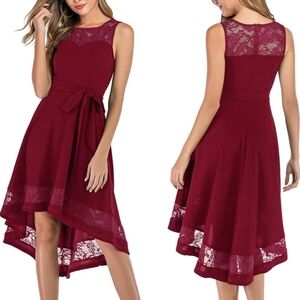 Gardenwed Burgundy Lace Cocktail Party Dress High-Low Sleeveless A-Line S Sash